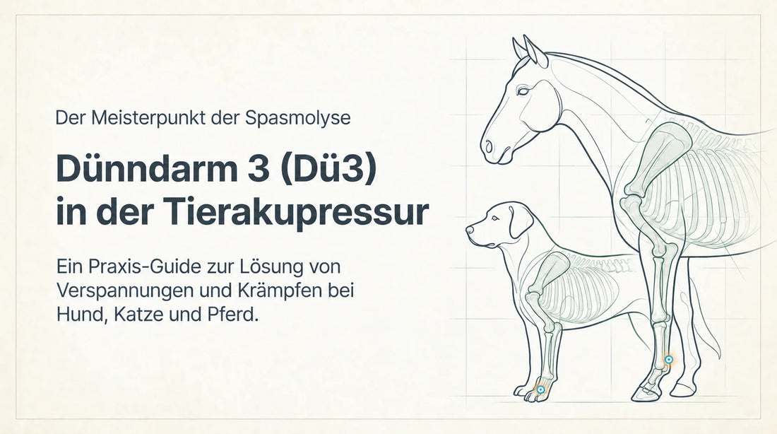 Dünndarm 3 (Dü3) in der Tierakupressur: schematische Übersicht mit markierter Punktregion an Hundevorderpfote und Pferderöhrbein.